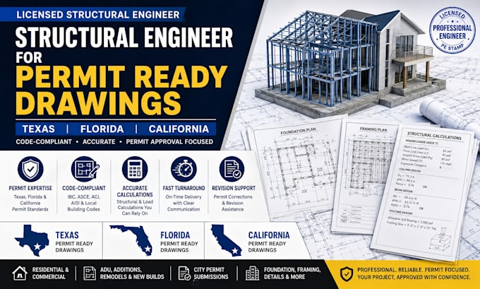 be structural engineer for permit ready drawings in texas florida california