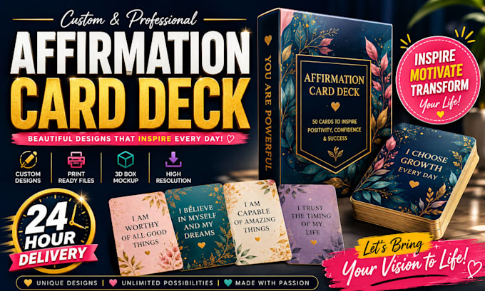 printable affirmation cards, oracle deck, custom motivational 3d box mockups