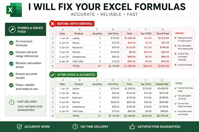 fix simple excel formulas and spreadsheet errors