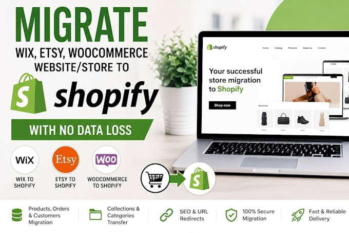 migrate wix, etsy woocommerce website or store to shopify with no data loos