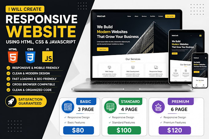 create a responsive website using HTML CSS and javascript