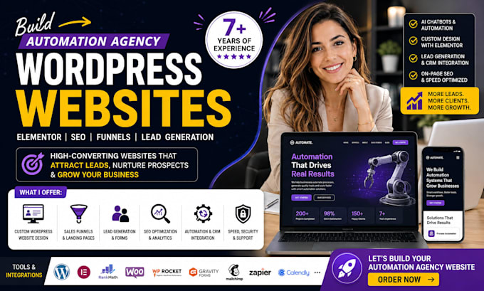 build automation agency wordpress website with elementor, SEO, funnels, lead gen