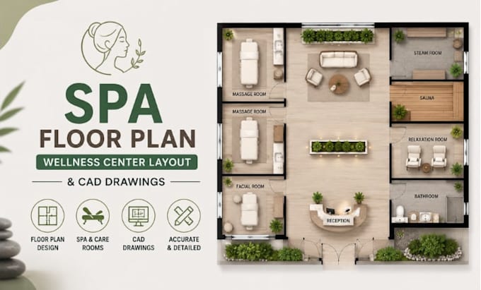 create spa floor plan, wellness center layout cad drawings