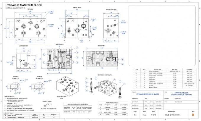 design hydraulic manifold block cad, cnc machining and step technical files