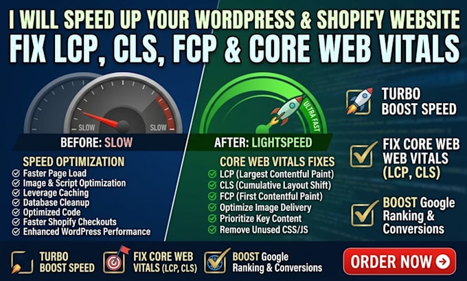 pages speed up your wordpress shopify website fix core web vitals, lcp, cls, fcp