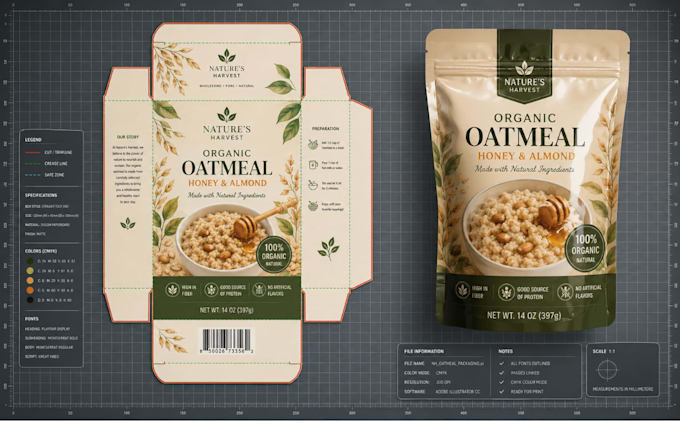 redesign, redraw al generated food label, packaging into print ready vector file