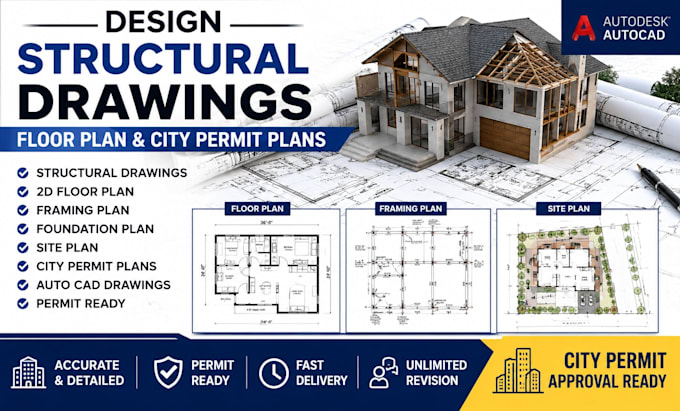 design structural drawings, floor plan and city permit plans