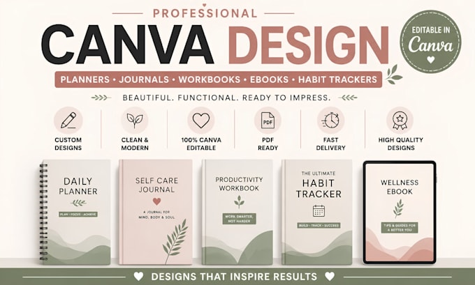 design canva planner, journal, workbook, habit tracker and ebook design