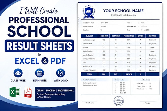 design professional school result sheet and report card in excel