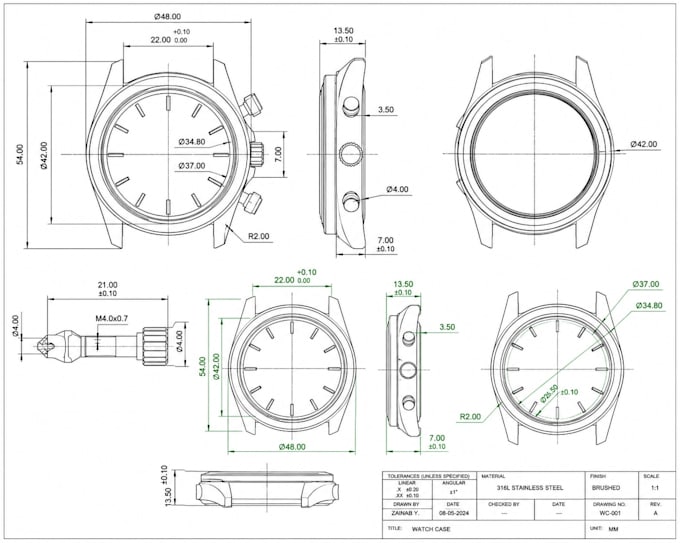 create manufacturing for watch technical drawing 3d cad model and prototype file