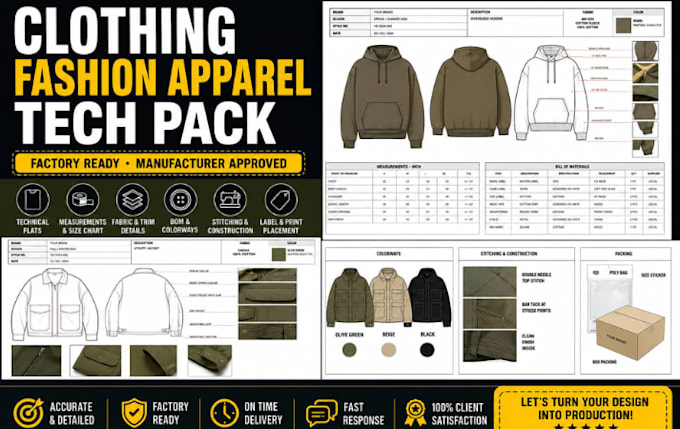 create clothing apparel garment tech pack for manufacturing