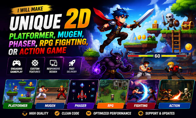 make unique 2d platformer, mugen, phaser, rpg fighting, or action game
