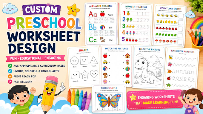 design preschool educational worksheets and printable activity books