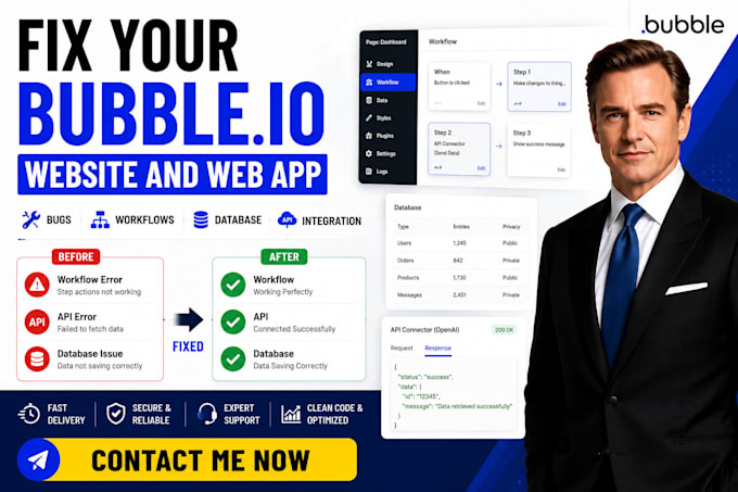 audit and fix bubble io bugs, workflow issue, database and API integration error