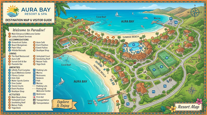 design tourism brochure map, destination resort map and visitor navigation guide
