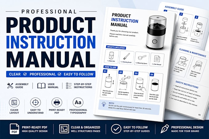 design product instruction manual, assembly instructions and user guide