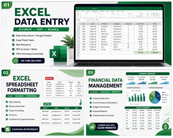 do excel data entry spreadsheet formatting and financial data management