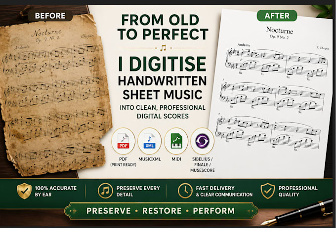 convert handwritten old sheet music into clean digital notation in 24hrs