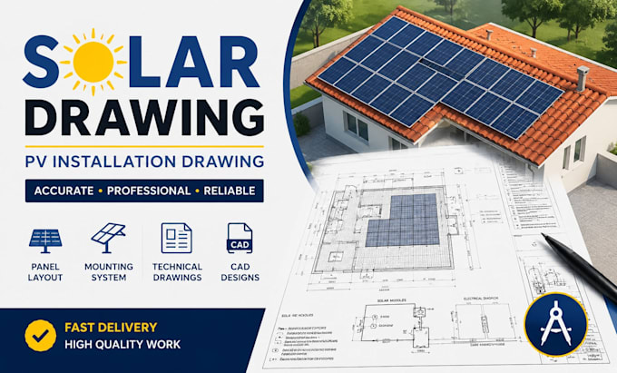 design solar panel technical drawing, pv installation drawing and cad