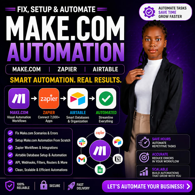 fix, setup make com automation, zapier automation, airtable database, make com