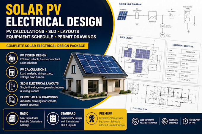 design solar pv electrical systems, calculations and permit plans