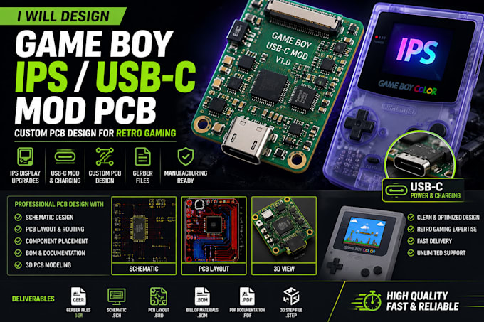design game boy ips and usb c mod pcb