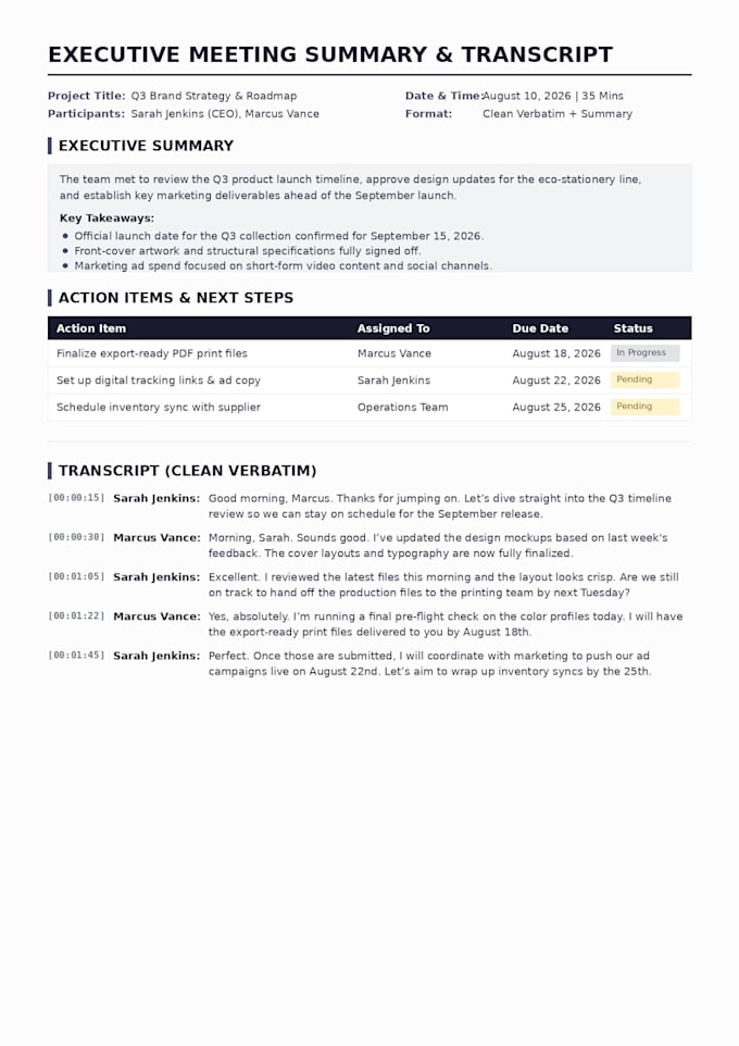 transcribe audio or video and write executive summaries