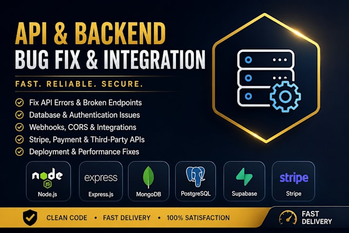 fix node js API errors, backend bugs, database, webhooks, authentication issues
