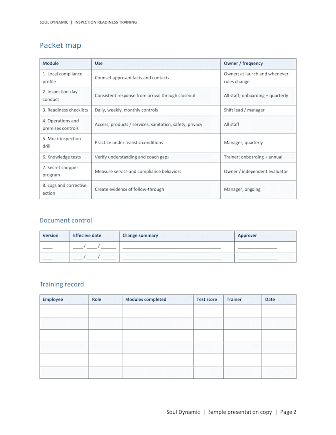 create a custom inspection readiness and staff training packet