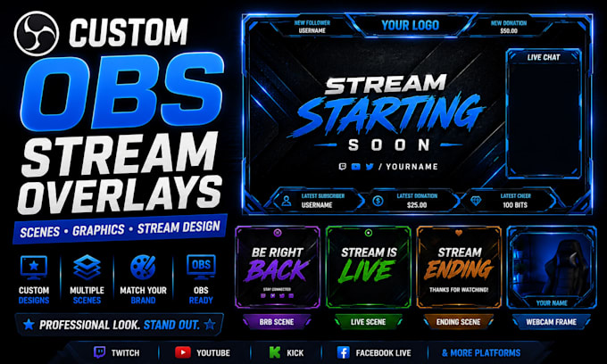 design custom obs overlays, stream scenes and graphic