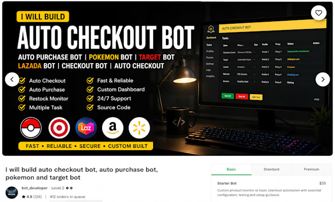 build auto checkout bot, auto purchase bot, pokemon bot, target bot, lazada bot