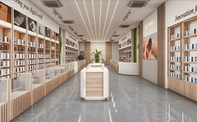 redesign retail interior,electronic store,modern showroom,commercial render,shop