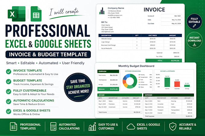 create a professional excel with google sheets invoice and budget template