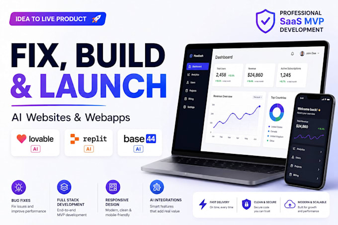 fix, build launch lovable ai website replit ai base44 webapp