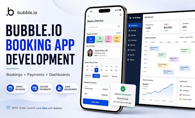 develop a bubble io mvp booking website with payment integration and dashboard