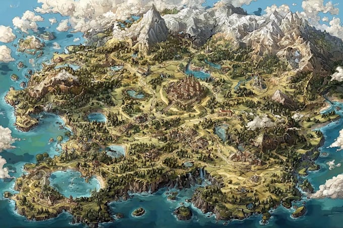 design a custom high quality fantasy world map illustration