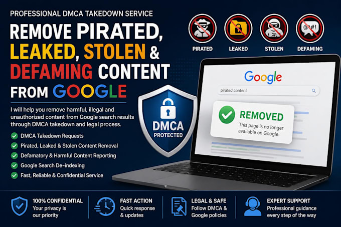 remove pirated, leaked, stolend and defamatory content from google under dmca