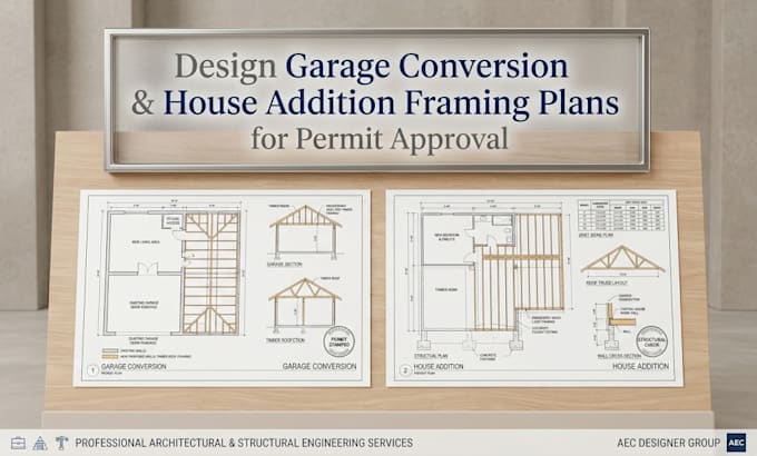 design garage conversion and house addition framing plans for permit approval