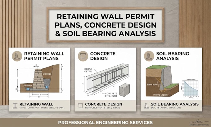 retaining wall permit plans, concrete design and soil bearing analysis