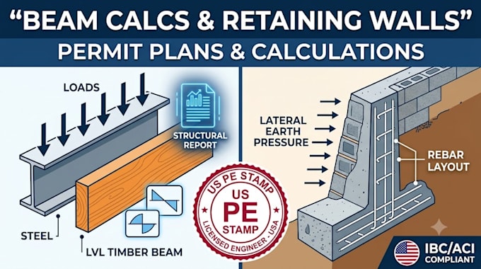 provide structural beam calculations and retaining wall analysis for city permit
