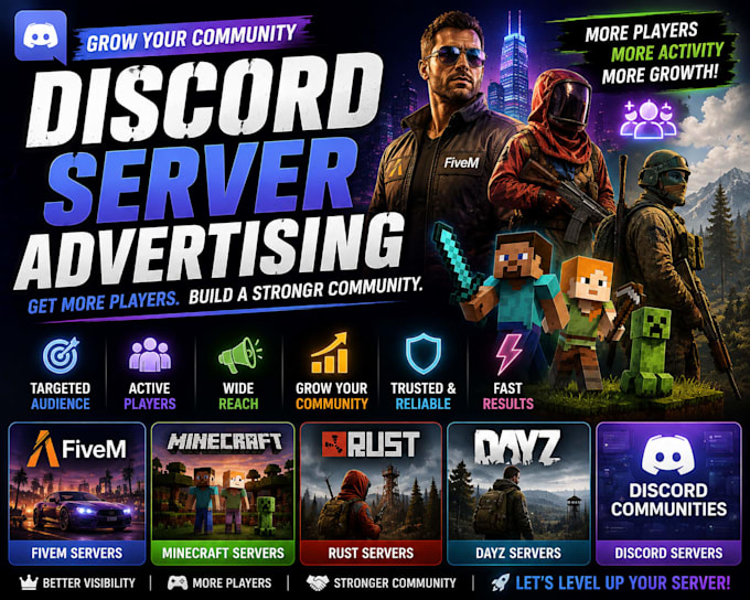 discord server promotion, fivem ads, rust, dayz, minecraft, gaming promotion