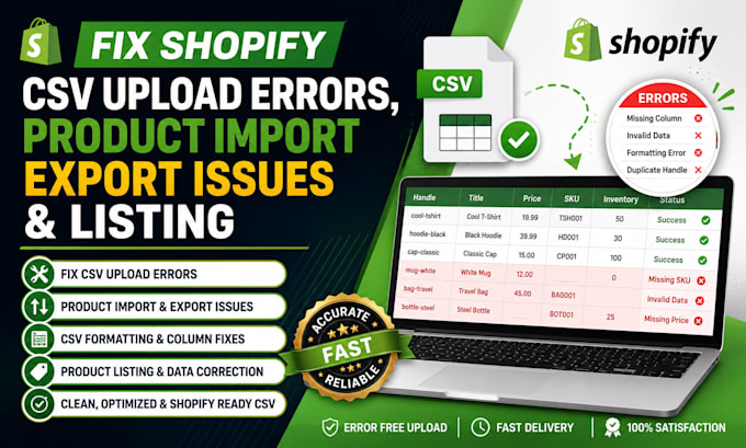 fix shopify csv upload errors, product import export issues and listing