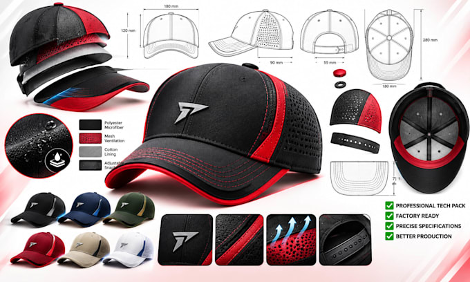 create cap tech pack, hat tech pack, beanie, headwear with mockup for production