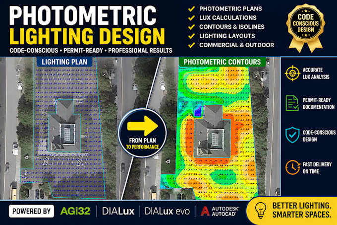 create code compliant photometric plans, contours and lighting design
