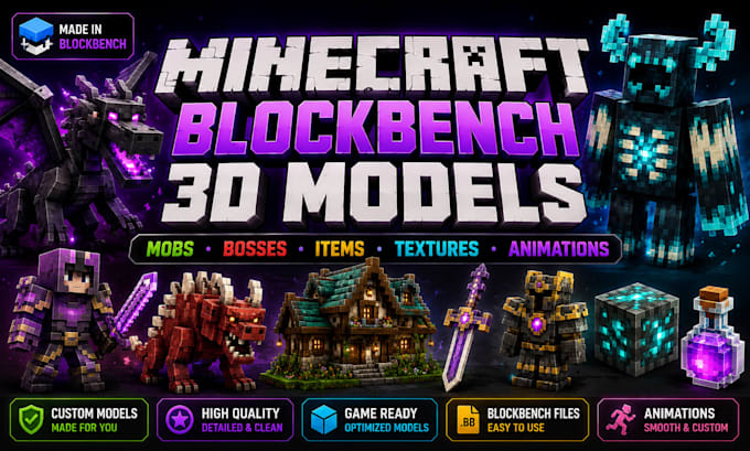 make custom minecraft blockbench 3d models mobs bosses items textures animations