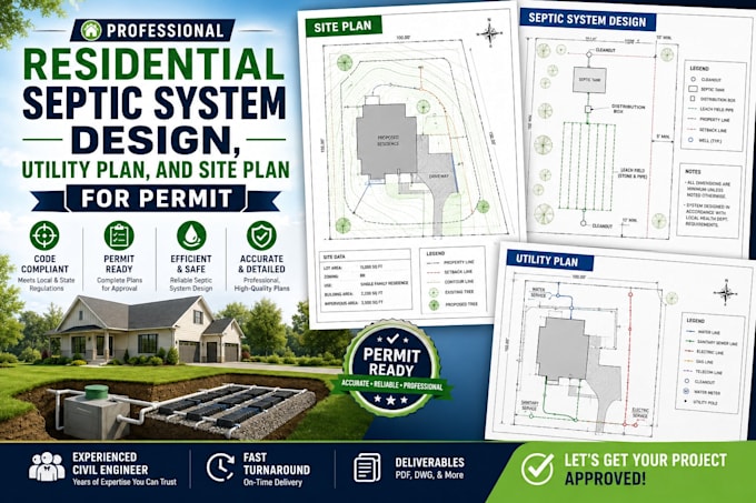 residential septic system design, utility plan, and site plan for permit