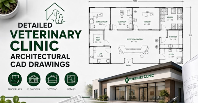 create detailed veterinary clinic architectural cad drawings