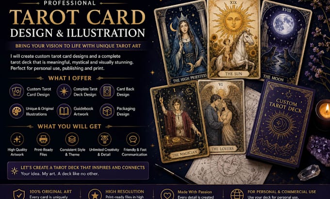 create custom tarot card designs and mystical tarot deck illustrations
