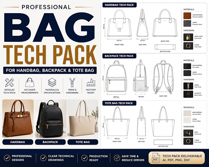 create a professional bag tech pack for handbag, backpack and tote bag