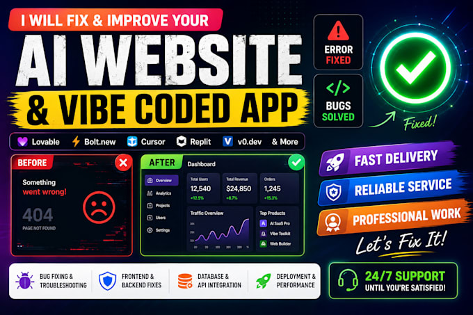 fix bugs, database and API errors in your ai website or vibe coded app